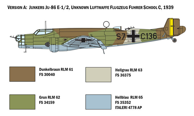 ITALERI 1391 JU 86 E1/E2 1/72 SCALE PLASTIC MODEL KIT BOMBER