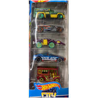 HOT WHEELS 1806 HW CITY DIE CAST CAR 5 PACK - ALPHA PURSUIT - BREAD BOX - RESCUE DUTY - FANGSTER - ROGUE HOG