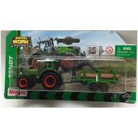 MAISTO 15590 MINI WORK MACHINES FENDT GREEN TRACTOR WITH LOG TRAILER DIECAST
