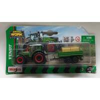 MAISTO 15590 MINI WORK MACHINES FENDT GREEN TRACTOR WITH HAY TRAILER DIECAST