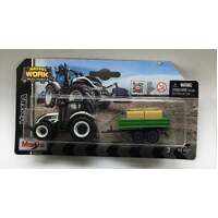 MAISTO 15590 MINI WORK MACHINES VALTRA BLACK TRACTOR WITH HAY GREEN TRAILER DIECAST