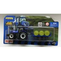MAISTO 15590 MINI WORK MACHINES NEW HOLLAND AGRICULTURE BLUE TRACTOR WITH HAY OPEN TRAILER DIECAST