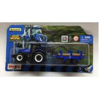 MAISTO 15590 MINI WORK MACHINES NEW HOLLAND AGRICULTURE BLUE TRACTOR WITH LOG TRAILER DIECAST