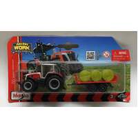 MAISTO 15590 MINI WORK MACHINES MASSEY FERGUSON RED TRACTOR WITH OPEN HAY TRAILER DIECAST