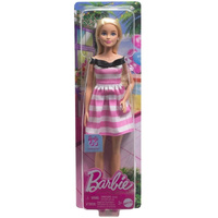 BARBIE 65TH ANNIVERSARY FASHION DOLL BLONDE HAIR WITH PINK AND WHITE STRIPE DRESS