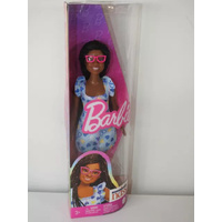 BARBIE FASHIONISTAS NATIONAL DOWN SYNDROME SOCIETY DOLL 229 BLACK HAIR WITH PINK GLASSES AND BLUE HEART DRESS
