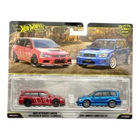 HOT WHEELS PREIMUM HBL96 CAR CULTURE DIECAST CAR 2 PACK - 2005 MITSUBISHI LANCER EVOLUTION IX WAGON - 2004 SUBARU FORESTER STI