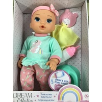 GIGO DREAM COLLECTION DRINK & WET BABY PLAY SET 12 INCH DOLL IN GREEN TOP WITH RABBIT