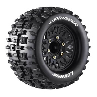 LOUISE L-T3202SX MT PIONEER 1/10 SCALE MONSTER TRUCK TIRES MOUNTED ON BLACK 2.8 INCH WHEELS WITH 1/2 INCH AND 0 OFFSET 12 14 AND 17 MM HEX RIMS