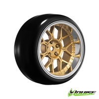 LOUISE RC LNHA568T PRE MOUNT DRIFT RIM AND TYRES 2,4,6,8MM OFFSET HEX 12MM 4PCS - 14 SPOKE - GOLD/CHROME