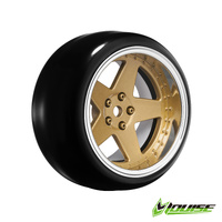 LOUISE RC LNHA567T PRE MOUNT DRIFT RIM AND TYRES 2,4,6,8MM OFFSET HEX 12MM 4PCS - 5 SPOKE- GOLD/CHROME