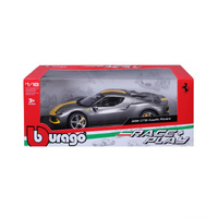 BBURAGO 16017 RACE AND PLAY 296 GTB ASSETTO FIORANO SILVER 1/18 SCALE METAL DIECAST COLLECTABLE