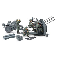 TAMIYA 32554 GERMAN 20MM FLAKVIERLING 38 ANTI AIRCRAFT GUN WITH FOUR FIGURES AND TRANSPORT TRAILER 1/48 SCALE PLASTIC MODEL KIT