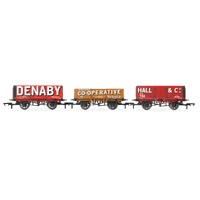 HORNBY R60104 PLANK WAGON TRIPLE PACK DENABY COLLIERY LEICESTER CO-OP AND HALL &CO ERA 3 OO GUAGE TRAIN ROLLING STOCK
