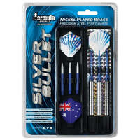 FORMULA SPORTS SILVER BULLET 24 GRAM NICKEL PLATED BRASS PRECISION STEEL POINT DARTS IN CARRY CASE