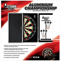 FORMULA SPORTS ALUMINIUM CHAMPIONSHIP CABINET SET - INCLUDES BRISTLE BLADED DARTBOARD AND 6X BRASS DARTS