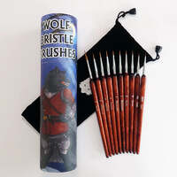 CHRONICLE WOLF BRISLE BRUSH SET INCLUDES 10 WOLF BRISTLE BRUSHES BETWEEN  SIZE 000 AND 7 WITH A ROSEWOOD TONE HANDLE ANDF FERAL BRASS FERRULES HOUSED 